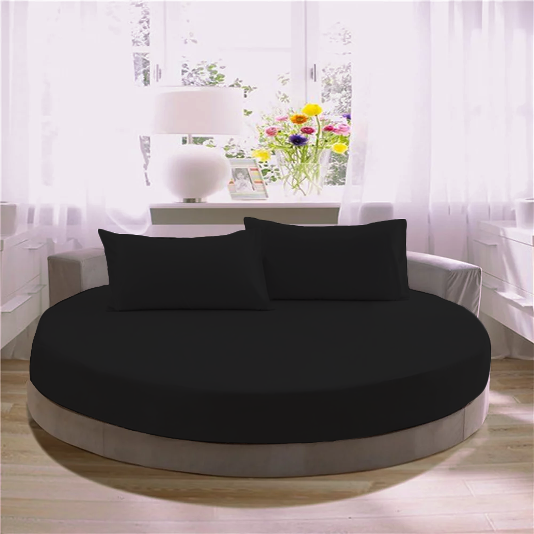 Black Round Fitted Bed Sheet with Pillowcase