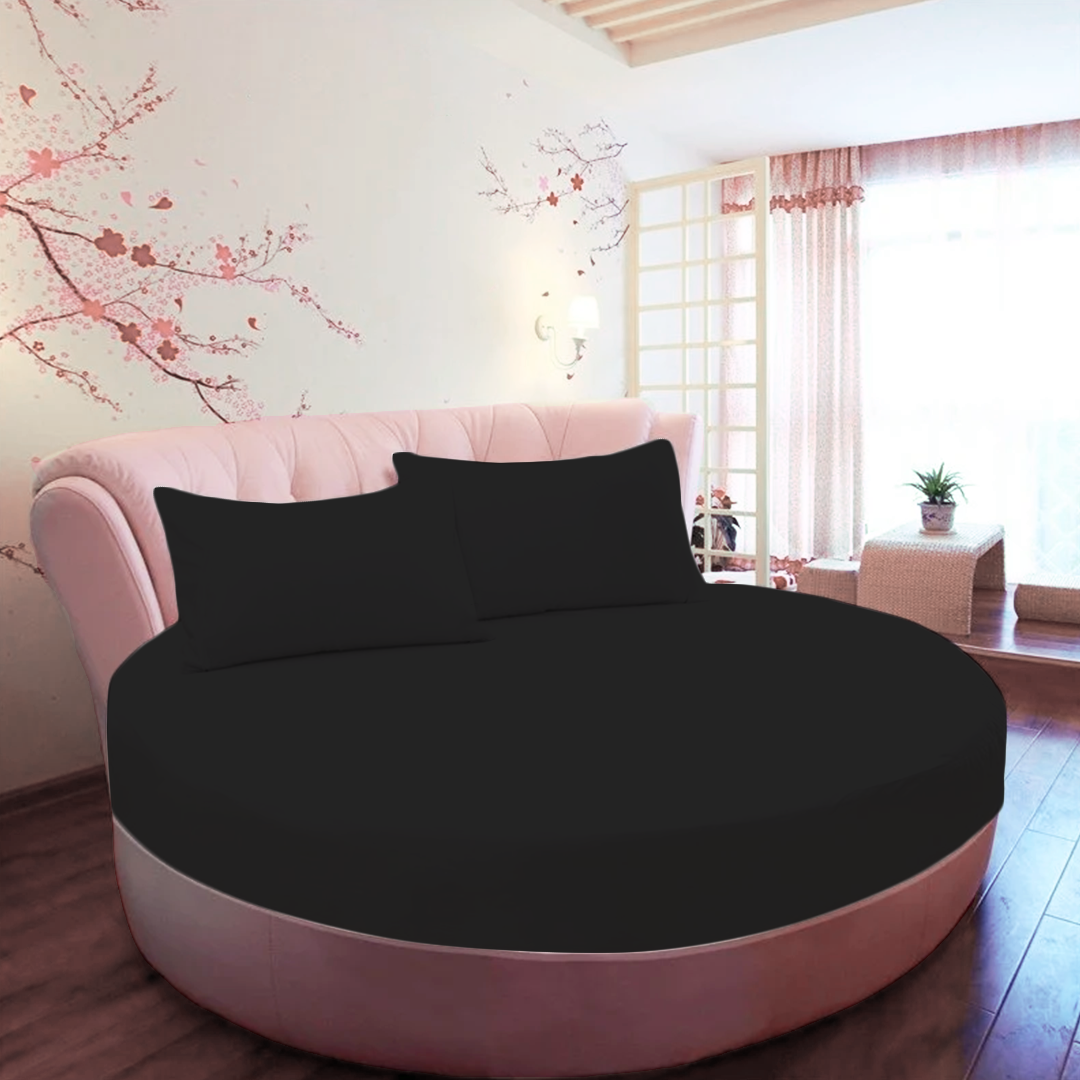 Black Round Fitted Bed Sheet with Pillowcase