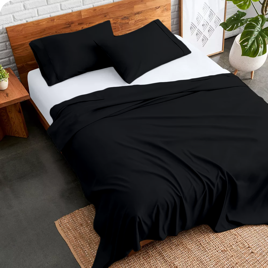Black Flat Bed Sheet with Pillowcase