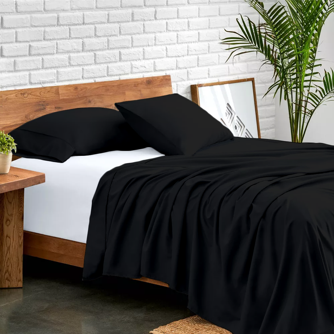 Black Flat Bed Sheet with Pillowcase