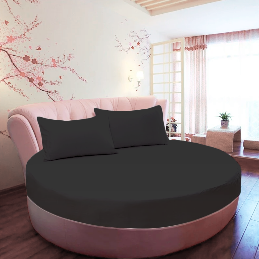 Dark Grey Round Fitted Bed Sheet with Pillowcase