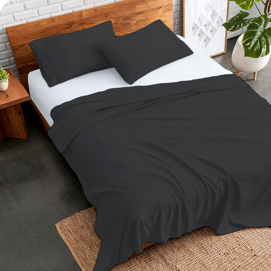 Dark Grey Flat Bed Sheet with Pillowcase