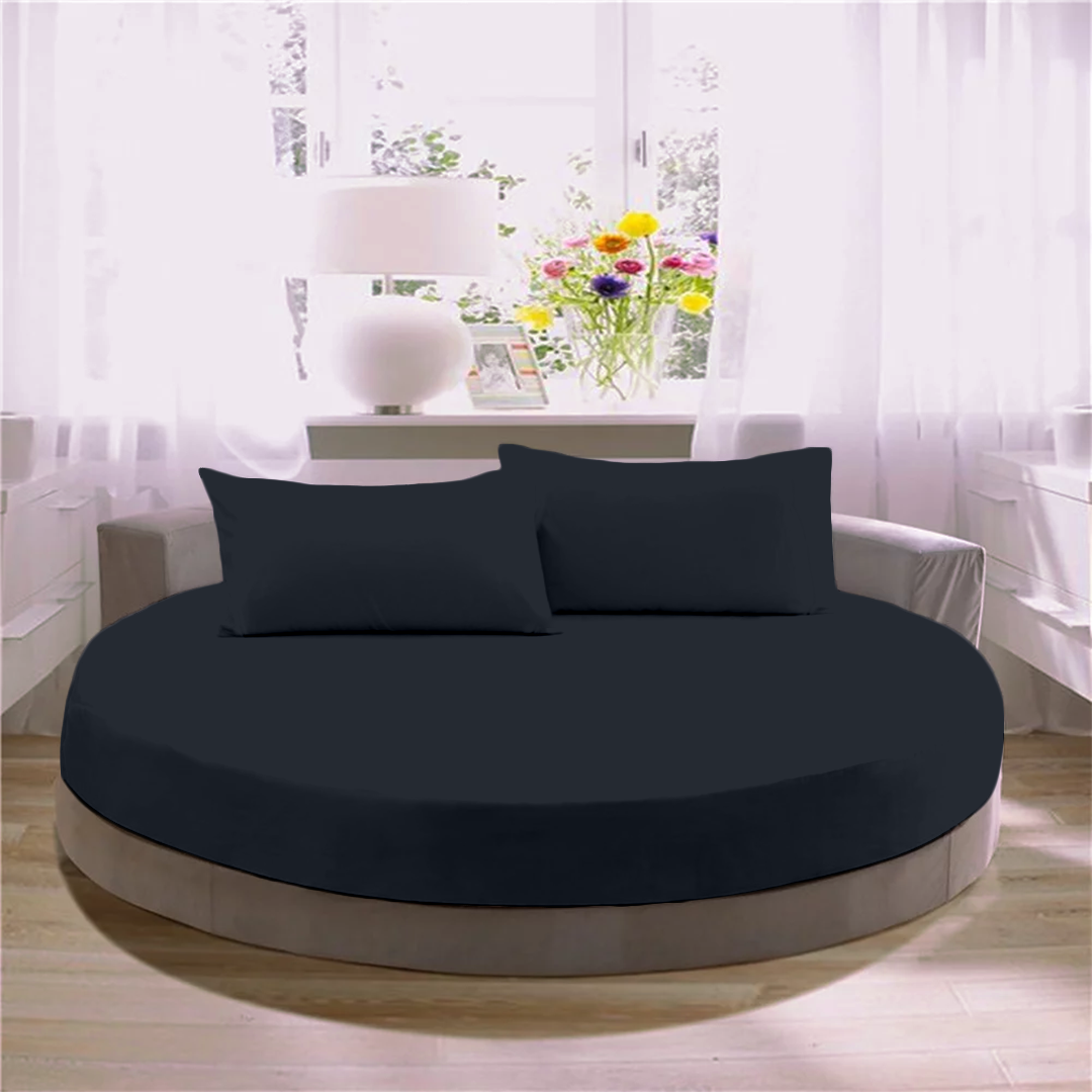 Navy Blue Round Fitted Bed Sheet with Pillowcase