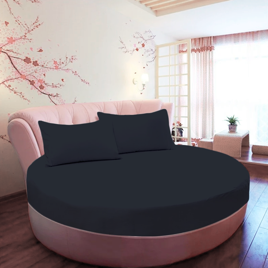 Navy Blue Round Fitted Bed Sheet with Pillowcase