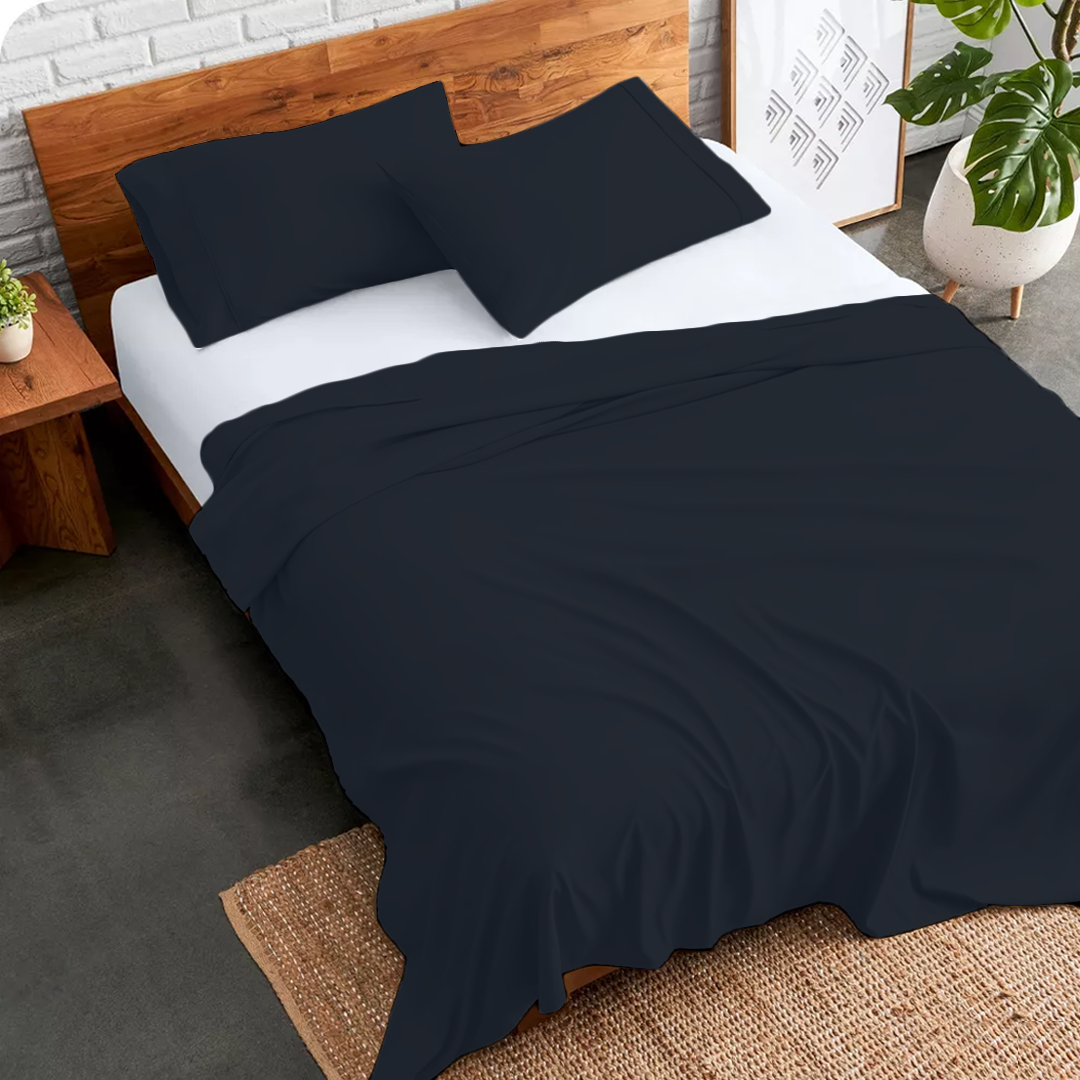 Navy Blue Flat Bed Sheet with Pillowcase