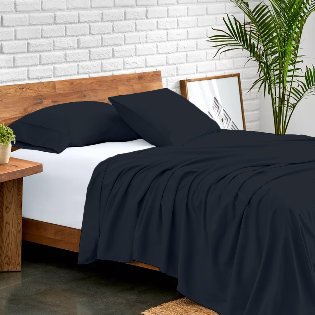 Navy Blue Flat Bed Sheet with Pillowcase