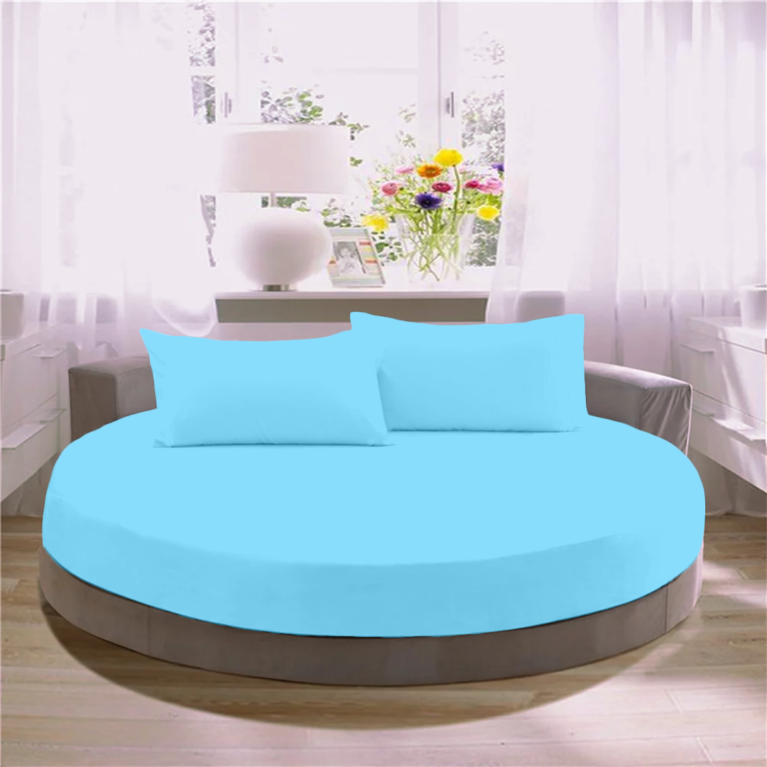 Light Blue Round Fitted Bed Sheet with Pillowcase